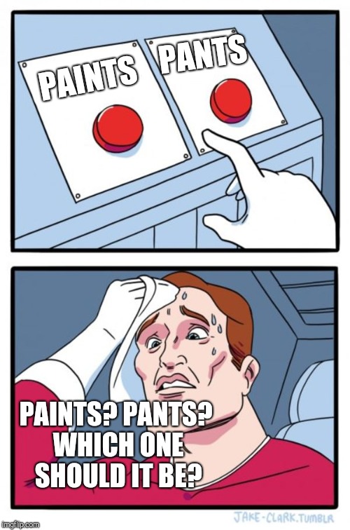 Two Buttons Meme | PAINTS PANTS PAINTS? PANTS? WHICH ONE SHOULD IT BE? | image tagged in memes,two buttons | made w/ Imgflip meme maker