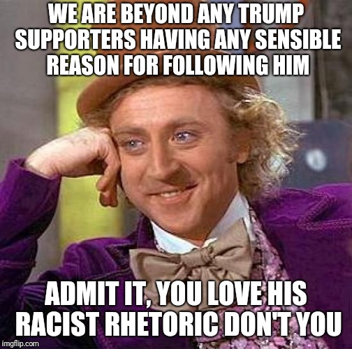 Creepy Condescending Wonka Meme | WE ARE BEYOND ANY TRUMP SUPPORTERS HAVING ANY SENSIBLE REASON FOR FOLLOWING HIM; ADMIT IT, YOU LOVE HIS RACIST RHETORIC DON'T YOU | image tagged in memes,creepy condescending wonka | made w/ Imgflip meme maker