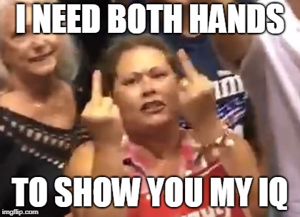 Trump Supporter | I NEED BOTH HANDS; TO SHOW YOU MY IQ | image tagged in make america great again,trump,donald trump,republican,white trash | made w/ Imgflip meme maker