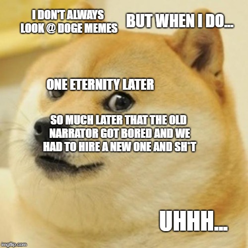 Doge | I DON'T ALWAYS LOOK @ DOGE MEMES; BUT WHEN I DO... ONE ETERNITY LATER; SO MUCH LATER THAT THE OLD NARRATOR GOT BORED AND WE HAD TO HIRE A NEW ONE AND SH*T; UHHH... | image tagged in memes,doge | made w/ Imgflip meme maker