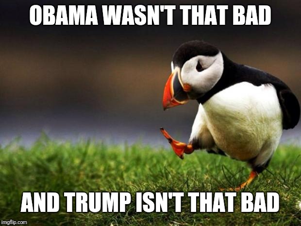 Unpopular Opinion Puffin Meme | OBAMA WASN'T THAT BAD; AND TRUMP ISN'T THAT BAD | image tagged in memes,unpopular opinion puffin | made w/ Imgflip meme maker