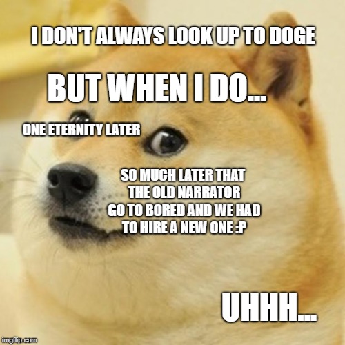 Doge Meme | I DON'T ALWAYS LOOK UP TO DOGE; BUT WHEN I DO... ONE ETERNITY LATER; SO MUCH LATER THAT THE OLD NARRATOR GO TO BORED AND WE HAD TO HIRE A NEW ONE :P; UHHH... | image tagged in memes,doge | made w/ Imgflip meme maker