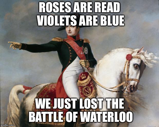 Napoleon Bonaparte | ROSES ARE READ VIOLETS ARE BLUE; WE JUST LOST THE BATTLE OF WATERLOO | image tagged in napoleon bonaparte,waterloo,france,memes | made w/ Imgflip meme maker