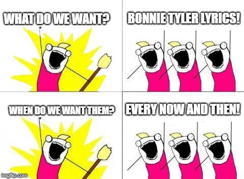 What Do We Want | WHAT DO WE WANT? BONNIE TYLER LYRICS! EVERY NOW AND THEN! WHEN DO WE WANT THEM? | image tagged in memes,what do we want | made w/ Imgflip meme maker