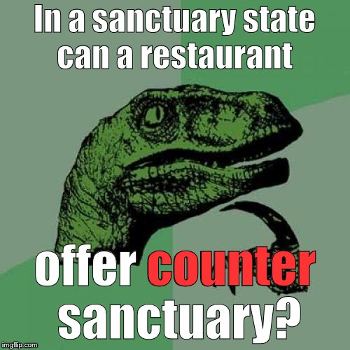 Philosoraptor Meme | In a sanctuary state can a restaurant offer counter sanctuary? counter | image tagged in memes,philosoraptor | made w/ Imgflip meme maker