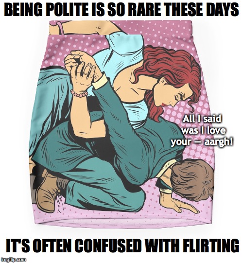 Risky Business | BEING POLITE IS SO RARE THESE DAYS; All I said was I love your — aargh! IT'S OFTEN CONFUSED WITH FLIRTING | image tagged in woman beats man,flirting,polite,sexual harassment,risk | made w/ Imgflip meme maker
