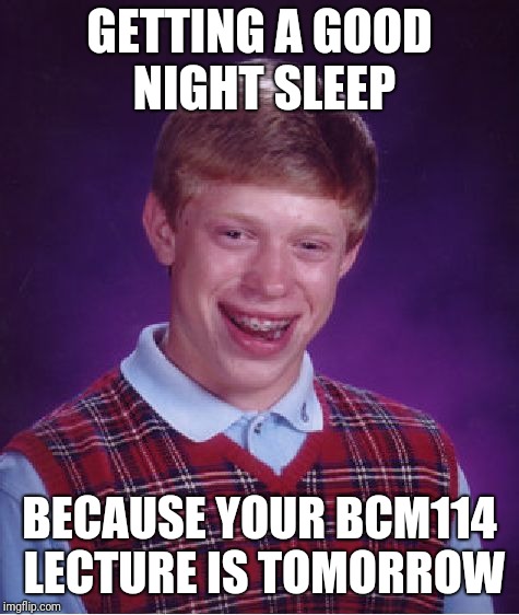 Bad Luck Brian | GETTING A GOOD NIGHT SLEEP; BECAUSE YOUR BCM114 LECTURE IS TOMORROW | image tagged in memes,bad luck brian | made w/ Imgflip meme maker