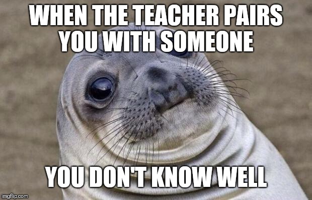 Awkward Moment Sealion | WHEN THE TEACHER PAIRS YOU WITH SOMEONE; YOU DON'T KNOW WELL | image tagged in memes,awkward moment sealion | made w/ Imgflip meme maker