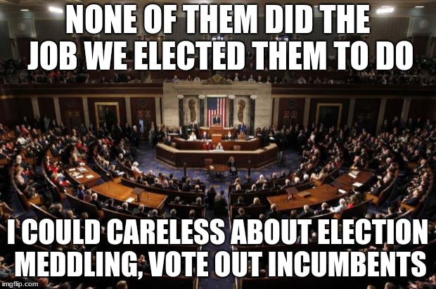 congress | NONE OF THEM DID THE JOB WE ELECTED THEM TO DO; I COULD CARELESS ABOUT ELECTION MEDDLING, VOTE OUT INCUMBENTS | image tagged in congress | made w/ Imgflip meme maker