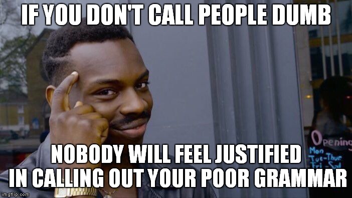 Roll Safe Think About It Meme | IF YOU DON'T CALL PEOPLE DUMB NOBODY WILL FEEL JUSTIFIED IN CALLING OUT YOUR POOR GRAMMAR | image tagged in memes,roll safe think about it | made w/ Imgflip meme maker