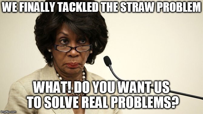 Maxine Waters Crazy | WE FINALLY TACKLED THE STRAW PROBLEM; WHAT! DO YOU WANT US TO SOLVE REAL PROBLEMS? | image tagged in maxine waters crazy | made w/ Imgflip meme maker
