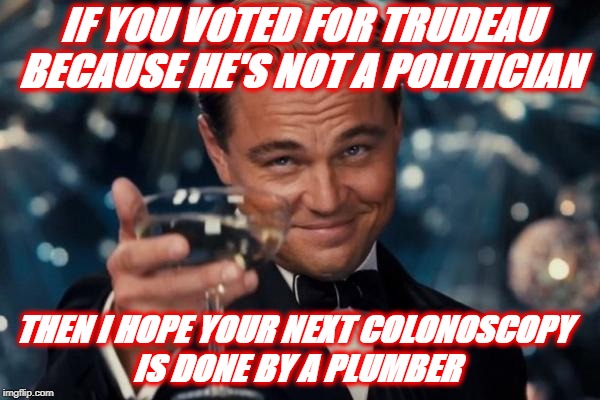 If You Voted Trudeau | IF YOU VOTED FOR TRUDEAU BECAUSE HE'S NOT A POLITICIAN; THEN I HOPE YOUR NEXT COLONOSCOPY IS DONE BY A PLUMBER | image tagged in justin trudeau,trudeau,liberal,liberals,stupid liberals,canada | made w/ Imgflip meme maker