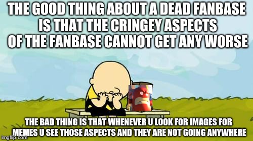 De blob and Google Images | THE GOOD THING ABOUT A DEAD FANBASE IS THAT THE CRINGEY ASPECTS OF THE FANBASE CANNOT GET ANY WORSE; THE BAD THING IS THAT WHENEVER U LOOK FOR IMAGES FOR MEMES U SEE THOSE ASPECTS AND THEY ARE NOT GOING ANYWHERE | image tagged in depressed charlie brown,video games,fandom,memes | made w/ Imgflip meme maker