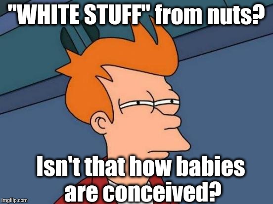 Futurama Fry Meme | "WHITE STUFF" from nuts? Isn't that how babies are conceived? | image tagged in memes,futurama fry | made w/ Imgflip meme maker