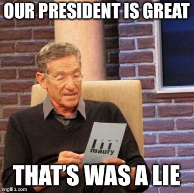 Maury Lie Detector Meme | OUR PRESIDENT IS GREAT; THAT’S WAS A LIE | image tagged in memes,maury lie detector | made w/ Imgflip meme maker