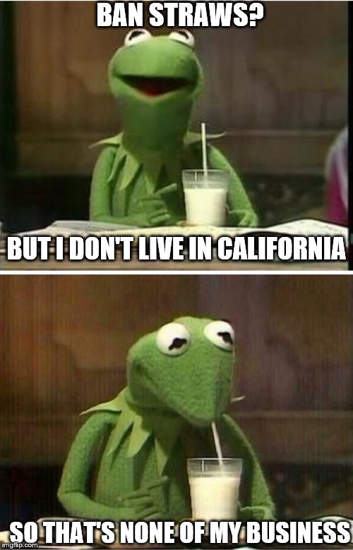 That's none of my business | BAN STRAWS? BUT I DON'T LIVE IN CALIFORNIA; SO THAT'S NONE OF MY BUSINESS | image tagged in none of my business,memes,straws,plastic straws,kermit the frog | made w/ Imgflip meme maker