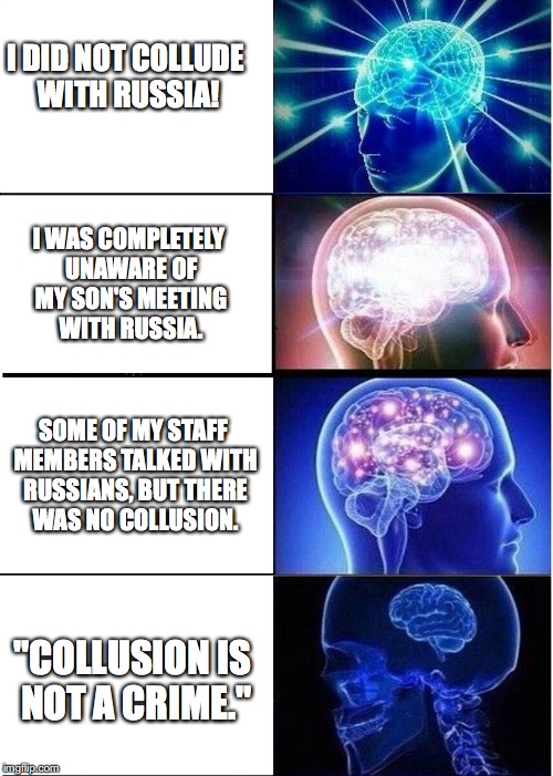 "Collusion is not a crime." -Donald Trump | I DID NOT COLLUDE WITH RUSSIA! I WAS COMPLETELY UNAWARE OF MY SON'S MEETING WITH RUSSIA. SOME OF MY STAFF MEMBERS TALKED WITH RUSSIANS, BUT THERE WAS NO COLLUSION. "COLLUSION IS NOT A CRIME." | image tagged in donald trump,trump russia collusion,expanding brain | made w/ Imgflip meme maker