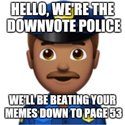 HELLO, WE'RE THE DOWNVOTE POLICE WE'LL BE BEATING YOUR MEMES DOWN TO PAGE 53 | made w/ Imgflip meme maker