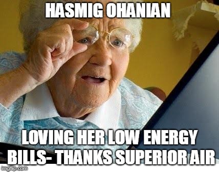 old lady at computer | HASMIG OHANIAN; LOVING HER LOW ENERGY BILLS- THANKS SUPERIOR AIR | image tagged in old lady at computer | made w/ Imgflip meme maker