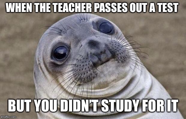 Awkward Moment Sealion | WHEN THE TEACHER PASSES OUT A TEST; BUT YOU DIDN’T STUDY FOR IT | image tagged in memes,awkward moment sealion | made w/ Imgflip meme maker