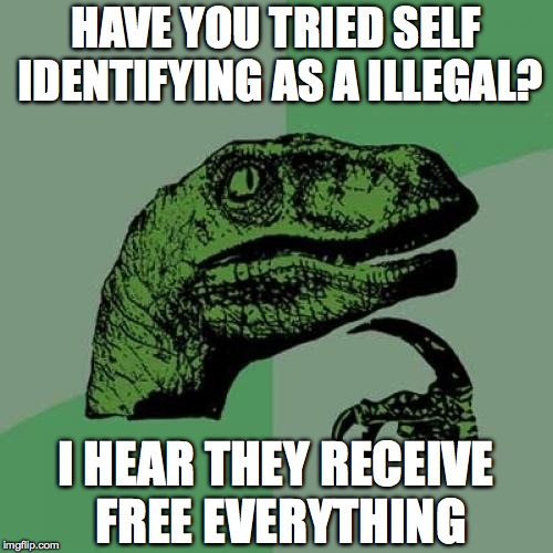 Philosoraptor Meme | HAVE YOU TRIED SELF IDENTIFYING AS A ILLEGAL? I HEAR THEY RECEIVE FREE EVERYTHING | image tagged in memes,philosoraptor | made w/ Imgflip meme maker