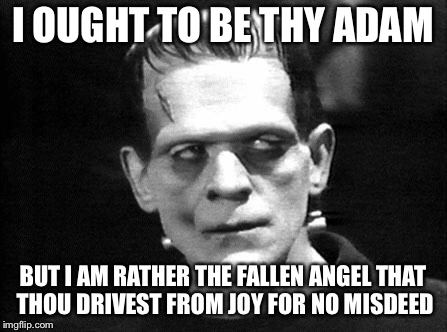 My favorite Frankenstein quote. . . | I OUGHT TO BE THY ADAM; BUT I AM RATHER THE FALLEN ANGEL THAT THOU DRIVEST FROM JOY FOR NO MISDEED | image tagged in frankenstein | made w/ Imgflip meme maker