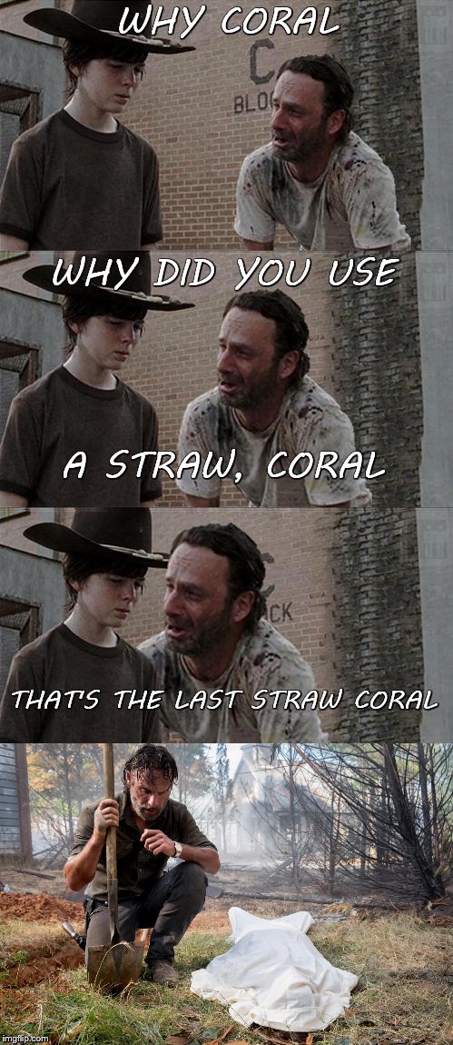 The last straw | WHY CORAL; WHY DID YOU USE; A STRAW, CORAL; THAT'S THE LAST STRAW CORAL | image tagged in plastic straws,memes,coral,walking dead,rick | made w/ Imgflip meme maker