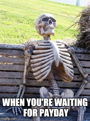 Waiting Skeleton Meme | WHEN YOU'RE WAITING FOR PAYDAY | image tagged in memes,waiting skeleton | made w/ Imgflip meme maker