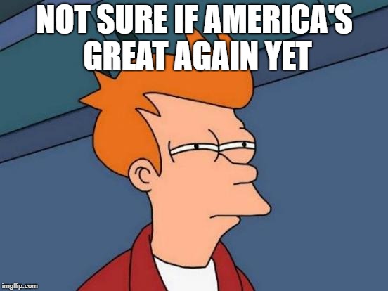 Futurama Fry Meme | NOT SURE IF AMERICA'S GREAT AGAIN YET | image tagged in memes,futurama fry | made w/ Imgflip meme maker