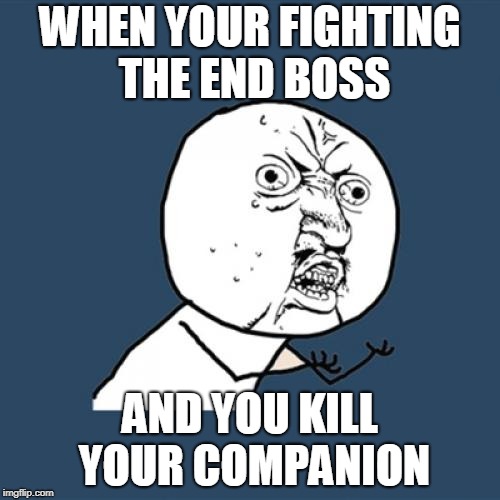 Y U No Meme | WHEN YOUR FIGHTING THE END BOSS; AND YOU KILL YOUR COMPANION | image tagged in memes,y u no | made w/ Imgflip meme maker