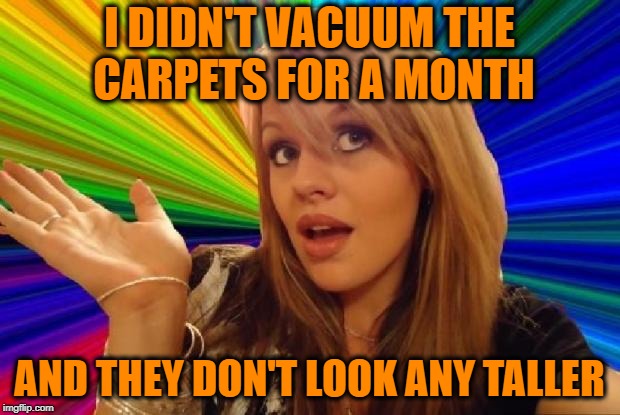 Housework | I DIDN'T VACUUM THE CARPETS FOR A MONTH; AND THEY DON'T LOOK ANY TALLER | image tagged in stupid girl meme,vacuum cleaner,lawnmower,carpet,stupid people | made w/ Imgflip meme maker