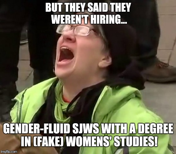 BUT THEY SAID THEY WEREN'T HIRING... GENDER-FLUID SJWS WITH A DEGREE IN (FAKE) WOMENS' STUDIES! | made w/ Imgflip meme maker