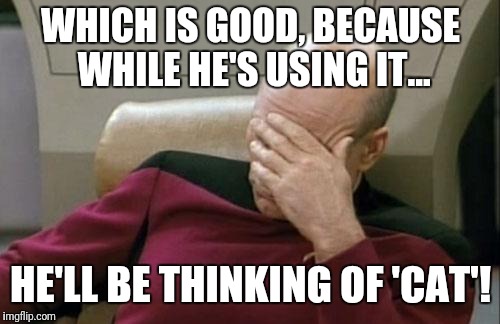 Captain Picard Facepalm Meme | WHICH IS GOOD, BECAUSE WHILE HE'S USING IT... HE'LL BE THINKING OF 'CAT'! | image tagged in memes,captain picard facepalm | made w/ Imgflip meme maker