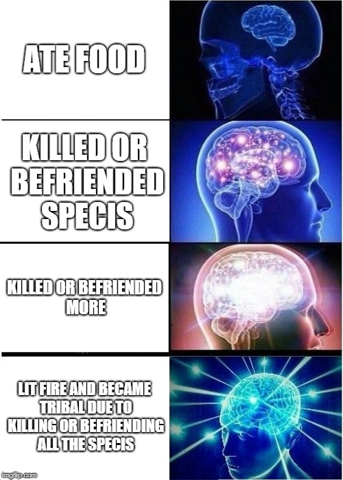 Spore logic be like | ATE FOOD; KILLED OR BEFRIENDED SPECIS; KILLED OR BEFRIENDED MORE; LIT FIRE AND BECAME TRIBAL DUE TO KILLING OR BEFRIENDING ALL THE SPECIS | image tagged in memes,expanding brain | made w/ Imgflip meme maker