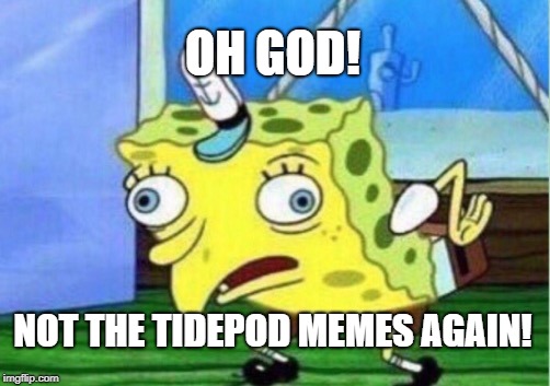 Mocking Spongebob Meme | OH GOD! NOT THE TIDEPOD MEMES AGAIN! | image tagged in memes,mocking spongebob | made w/ Imgflip meme maker