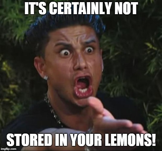 DJ Pauly D Meme | IT'S CERTAINLY NOT STORED IN YOUR LEMONS! | image tagged in memes,dj pauly d | made w/ Imgflip meme maker