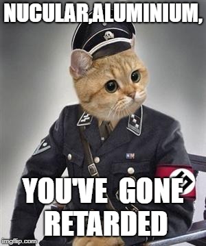 Grammar Nazi Cat | NUCULAR,ALUMINIUM, YOU'VE  GONE RETARDED | image tagged in grammar nazi cat | made w/ Imgflip meme maker