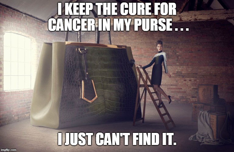I KEEP THE CURE FOR CANCER IN MY PURSE . . . I JUST CAN'T FIND IT. | made w/ Imgflip meme maker