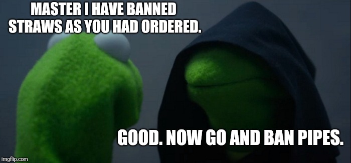 Evil Kermit Meme | MASTER I HAVE BANNED STRAWS AS YOU HAD ORDERED. GOOD. NOW GO AND BAN PIPES. | image tagged in memes,evil kermit | made w/ Imgflip meme maker