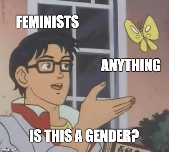 Is This A Pigeon | FEMINISTS; ANYTHING; IS THIS A GENDER? | image tagged in memes,is this a pigeon | made w/ Imgflip meme maker