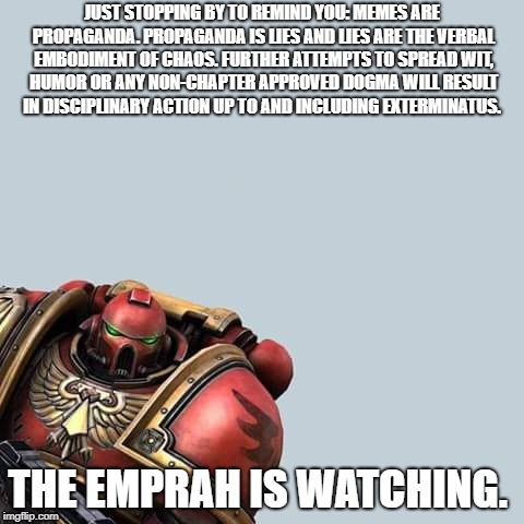 In the far future, memes will be fatal. | image tagged in warhammer 40k,space marine,why the emprah is evil | made w/ Imgflip meme maker