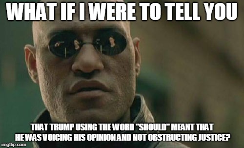 Matrix Morpheus Meme | WHAT IF I WERE TO TELL YOU; THAT TRUMP USING THE WORD "SHOULD" MEANT THAT HE WAS VOICING HIS OPINION AND NOT OBSTRUCTING JUSTICE? | image tagged in memes,matrix morpheus | made w/ Imgflip meme maker