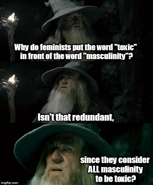 It's a head-scratcher | Why do feminists put the word "toxic" in front of the word "masculinity"? Isn't that redundant, since they consider ALL masculinity to be toxic? | image tagged in memes,confused gandalf,toxic masculinity,feminism is cancer | made w/ Imgflip meme maker