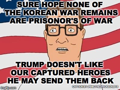 American Hank Hill | SURE HOPE NONE OF THE KOREAN WAR REMAINS ARE PRISONOR'S OF WAR; TRUMP DOESN'T LIKE OUR CAPTURED HEROES HE MAY SEND THEM BACK; CAPTION BY JAMIE FREDRICKSON2018 | image tagged in american hank hill | made w/ Imgflip meme maker