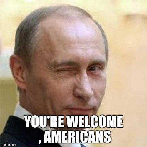 Putin Winking | YOU'RE WELCOME , AMERICANS | image tagged in putin winking | made w/ Imgflip meme maker