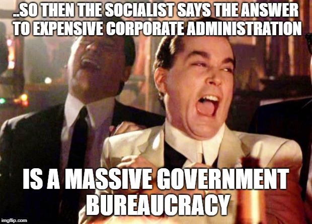 Wise guys laughing | ..SO THEN THE SOCIALIST SAYS THE ANSWER TO EXPENSIVE CORPORATE ADMINISTRATION; IS A MASSIVE GOVERNMENT BUREAUCRACY | image tagged in wise guys laughing | made w/ Imgflip meme maker