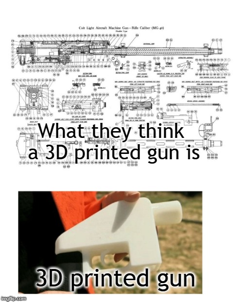 3D printed gun reality | What they think a 3D printed gun is; 3D printed gun | image tagged in 3d reality,gun,3d gun,machine gun,gun control,3d printer | made w/ Imgflip meme maker
