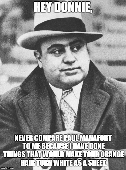 Al Capone You Don't Say | HEY DONNIE, NEVER COMPARE PAUL MANAFORT TO ME BECAUSE I HAVE DONE THINGS THAT WOULD MAKE YOUR ORANGE HAIR TURN WHITE AS A SHEET. | image tagged in al capone you don't say | made w/ Imgflip meme maker