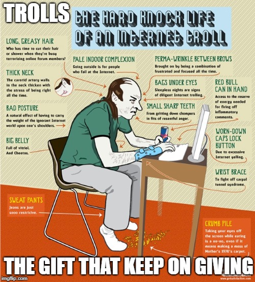 Trolls | TROLLS; THE GIFT THAT KEEP ON GIVING | image tagged in internet trolls | made w/ Imgflip meme maker