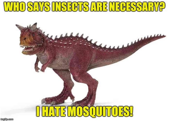 Dinosaur | WHO SAYS INSECTS ARE NECESSARY? I HATE MOSQUITOES! | image tagged in dinosaur,stupid,mosquito | made w/ Imgflip meme maker